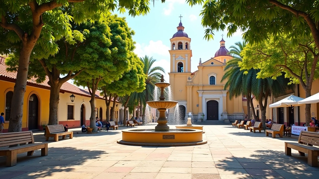 Plaza Central de Aibonito con fuente central, arquitectura colonial, iglesia de fondo, bancos públicos, árboles verdes, luz de tarde, visitantes descansando