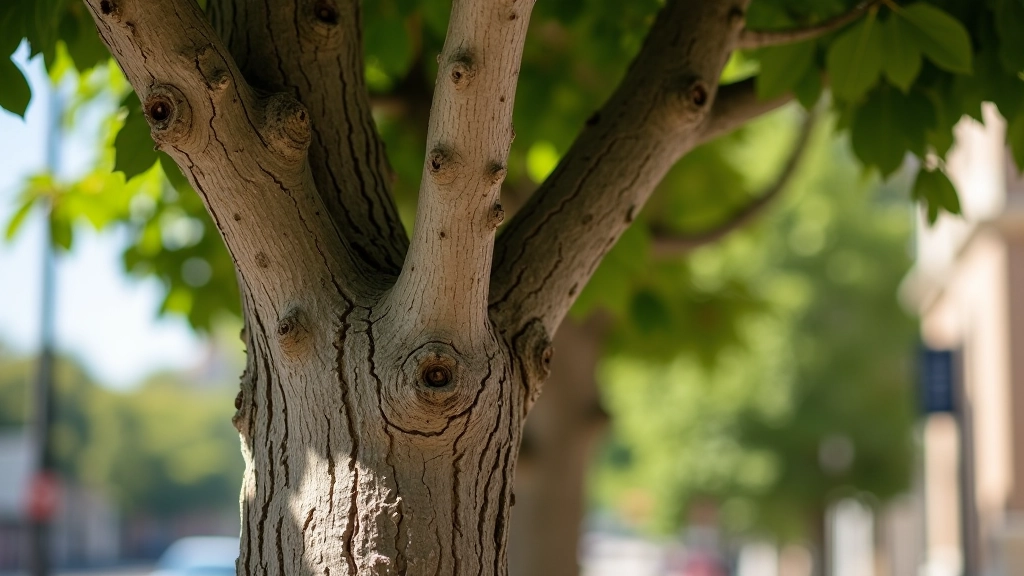 Tronco y ramas principales de flamboyán maduro mostrando textura gris-marrón y estructura ramificada, árbol completo sin flores, luz lateral