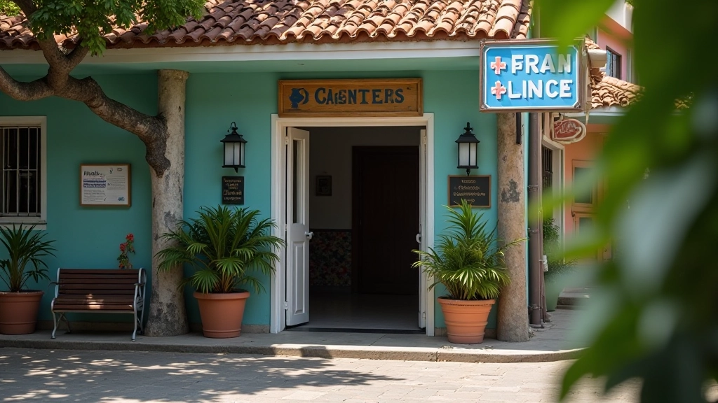 Entrada de centro de salud o clínica en Aibonito, señalización clara, ambiente profesional y accesible