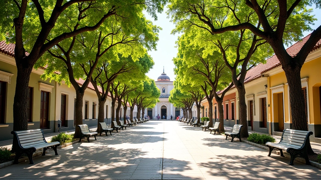 Plaza Central de Aibonito con bancos, árboles frondosos y edificios históricos alrededor, luz natural matutina, perspectiva amplia