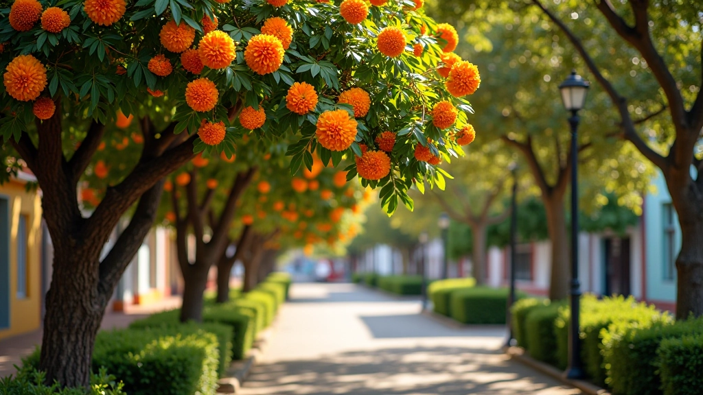 Árbol de flamboyán con flores naranjas en Aibonito
