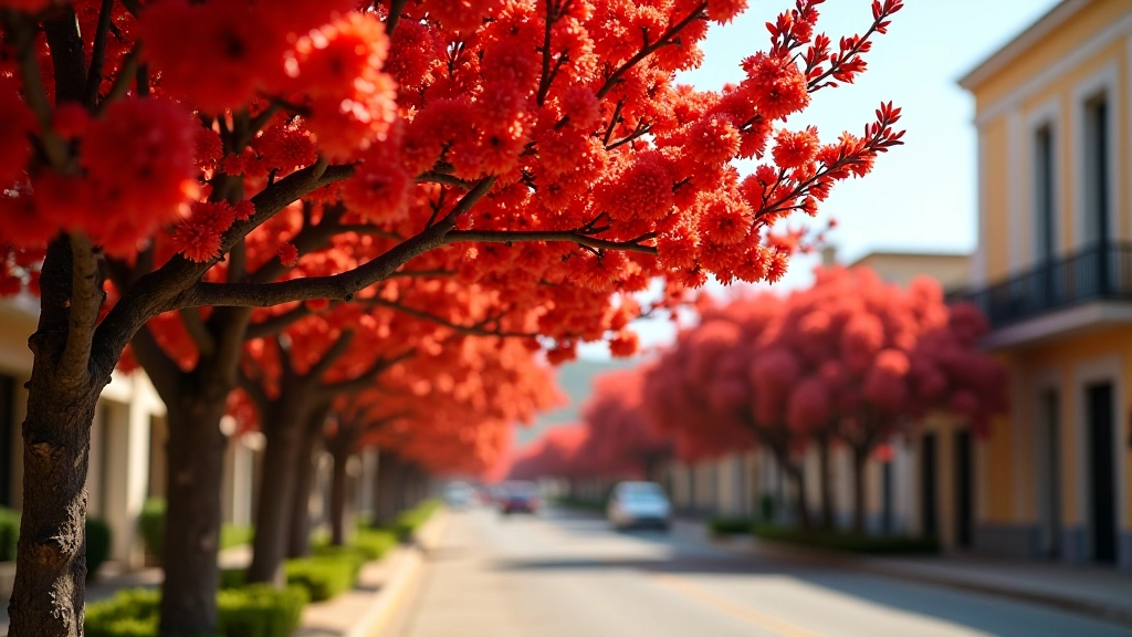 Árbol de flamboyán con flores rojo anaranjadas brillantes en plena floración, avenida sombreada de Aibonito, luz natural cálida, enfoque nítido