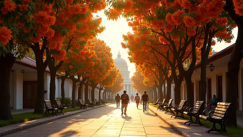 Paseo por avenida de flamboyanes en Aibonito durante atardecer, flores naranjas brillantes, bancos de hierro, personas caminando, arquitectura tradicional al fondo