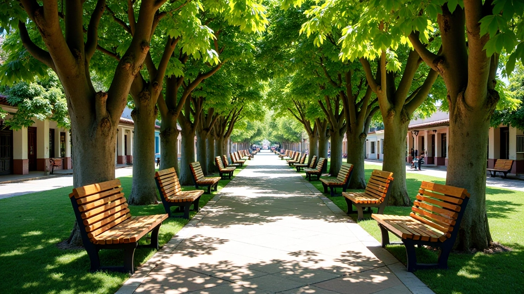 Bancos de madera y árboles frondosos en la Plaza Central de Aibonito proporcionando sombra natural, fotografía general de las áreas de descanso